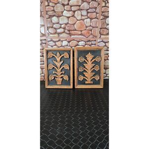 Vintage 2 Hand Carved Wood Wall Square Plaque Plant W/ Black Background